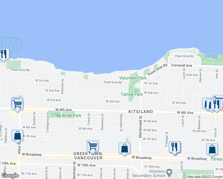 map of restaurants, bars, coffee shops, grocery stores, and more near 3025 West 2nd Avenue in Vancouver