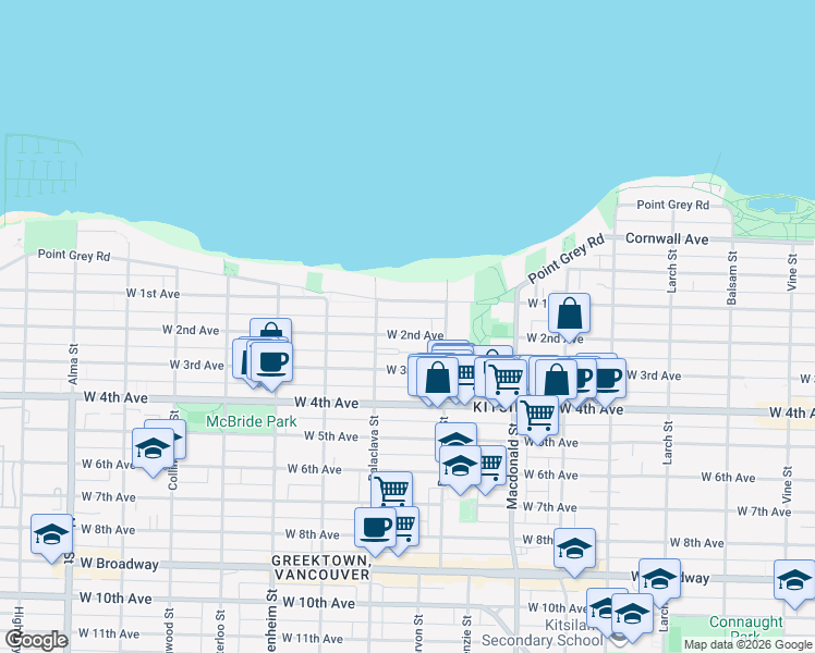 map of restaurants, bars, coffee shops, grocery stores, and more near 3025 West 2nd Avenue in Vancouver