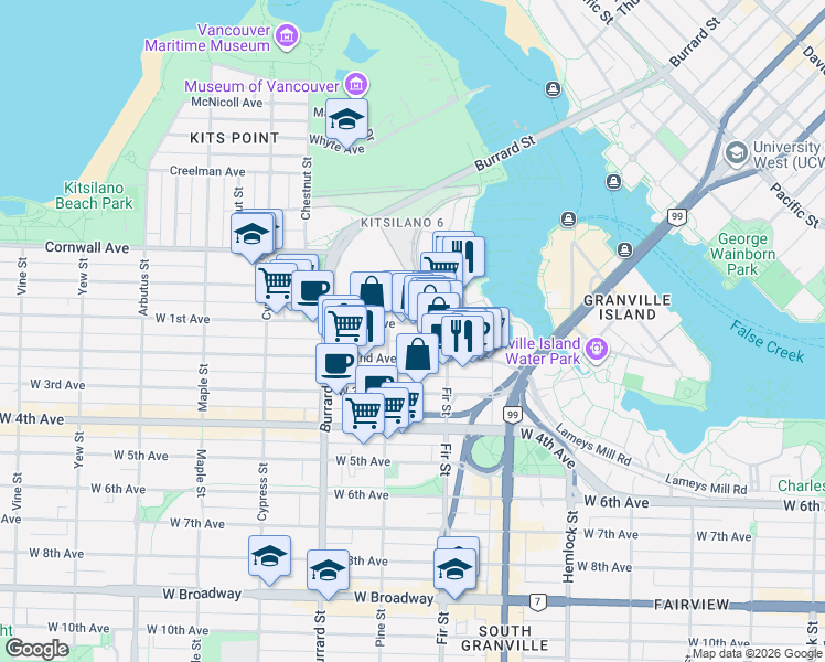 map of restaurants, bars, coffee shops, grocery stores, and more near 1650 West 1st Avenue in Vancouver