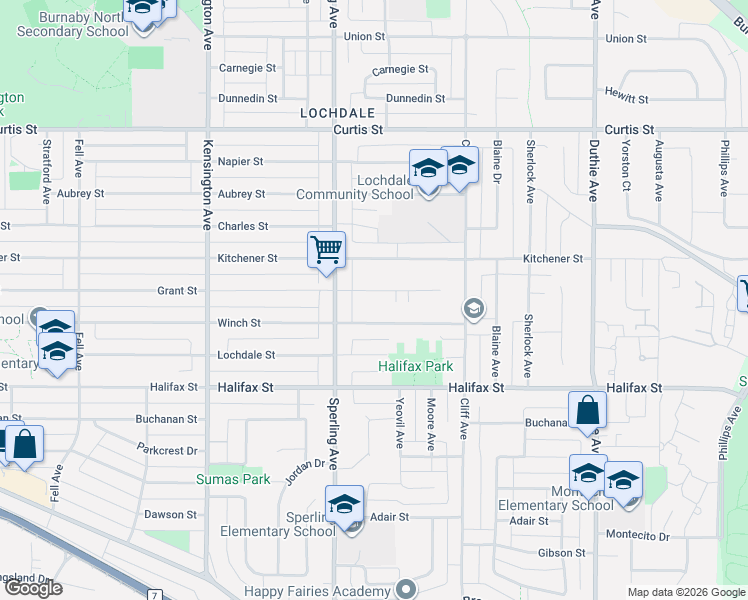 map of restaurants, bars, coffee shops, grocery stores, and more near 6800 Grant Place in Burnaby