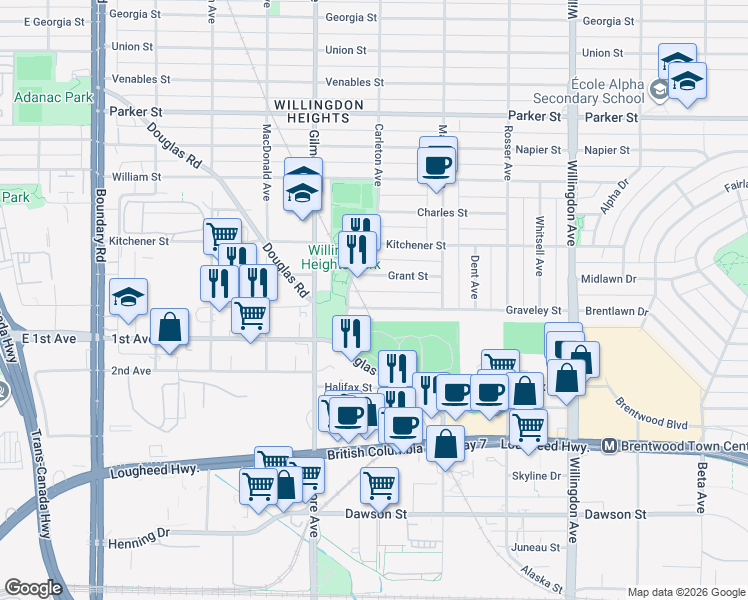 map of restaurants, bars, coffee shops, grocery stores, and more near 4219 Graveley Street in Burnaby