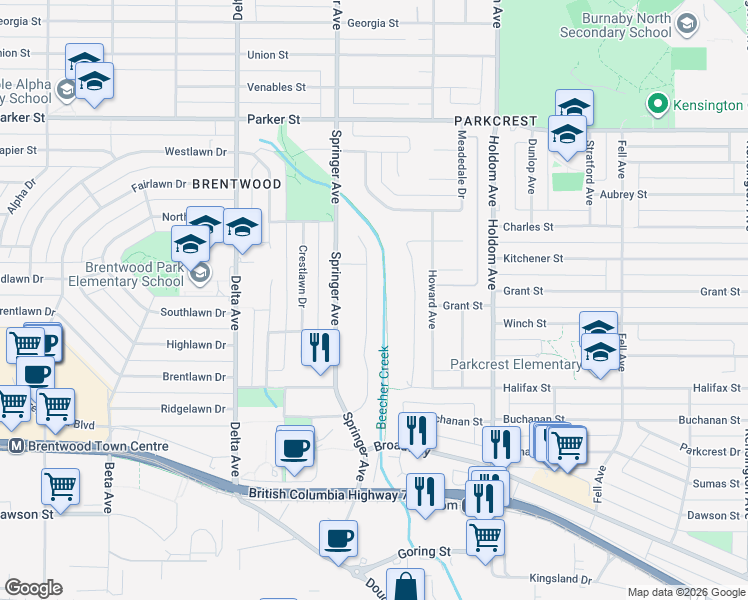 map of restaurants, bars, coffee shops, grocery stores, and more near 5393 Braelawn Drive in Burnaby