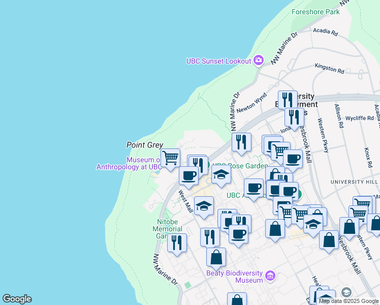 map of restaurants, bars, coffee shops, grocery stores, and more near 6303 Northwest Marine Drive in Vancouver