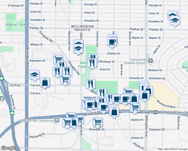 map of restaurants, bars, coffee shops, grocery stores, and more near 4211 Graveley Street in Burnaby