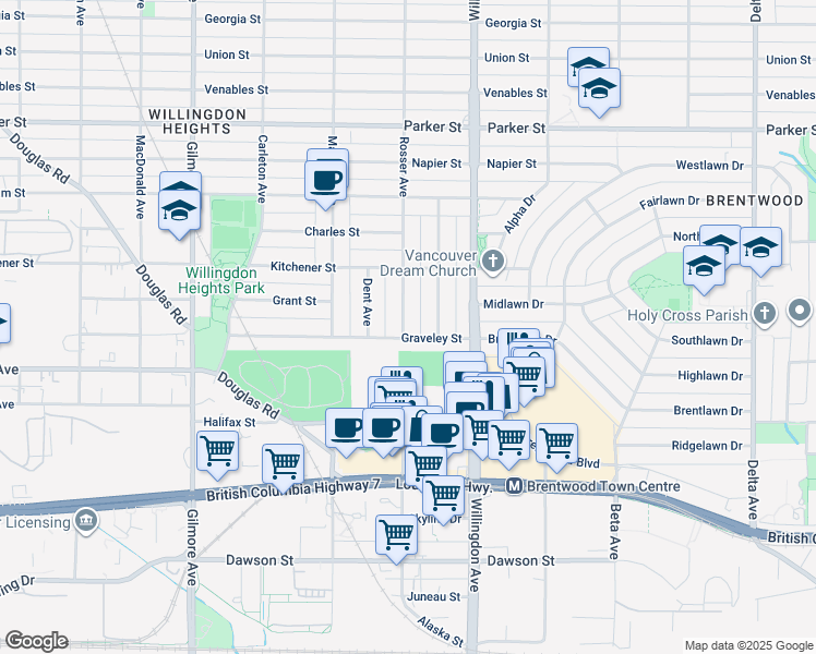 map of restaurants, bars, coffee shops, grocery stores, and more near 1570 Rosser Avenue in Burnaby