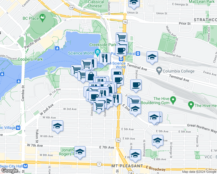 map of restaurants, bars, coffee shops, grocery stores, and more near 111 East 1st Avenue in Vancouver