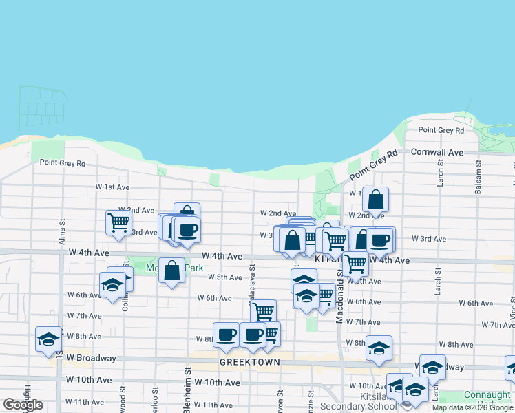 map of restaurants, bars, coffee shops, grocery stores, and more near 1738 Balaclava Street in Vancouver