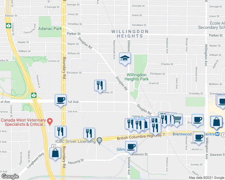 map of restaurants, bars, coffee shops, grocery stores, and more near 3993 Graveley Street in Burnaby