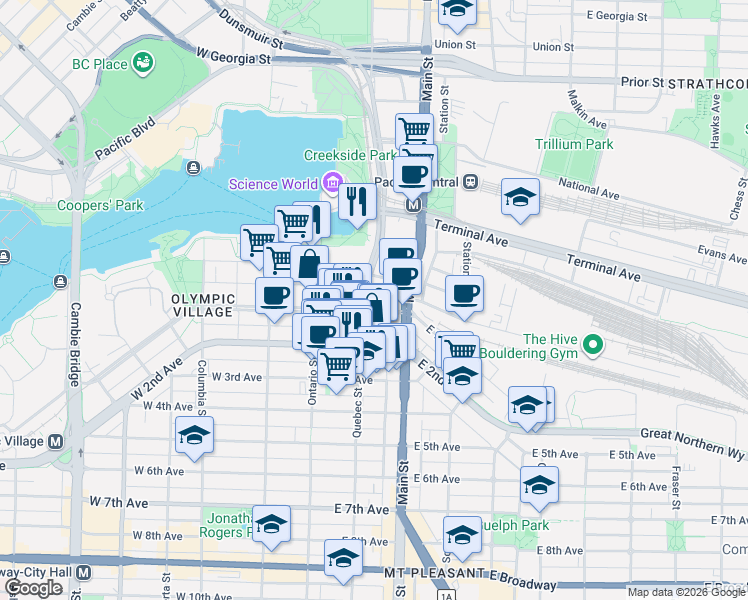 map of restaurants, bars, coffee shops, grocery stores, and more near 111 East 1st Avenue in Vancouver