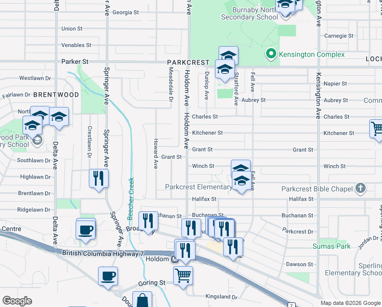 map of restaurants, bars, coffee shops, grocery stores, and more near 5710 Grant Street in Burnaby