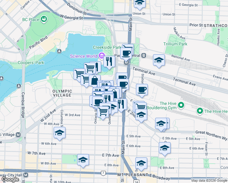 map of restaurants, bars, coffee shops, grocery stores, and more near 111 East 1st Avenue in Vancouver