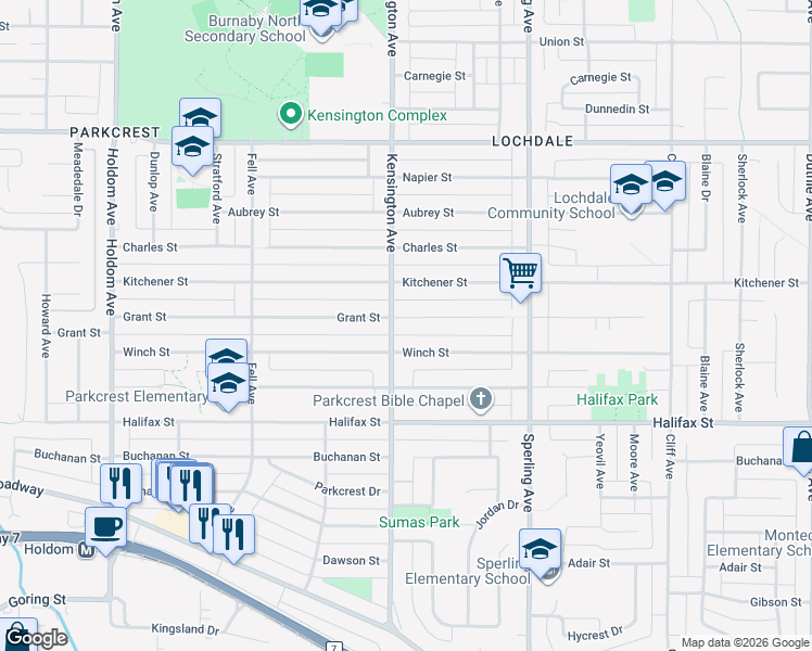 map of restaurants, bars, coffee shops, grocery stores, and more near 6512 Grant Street in Burnaby