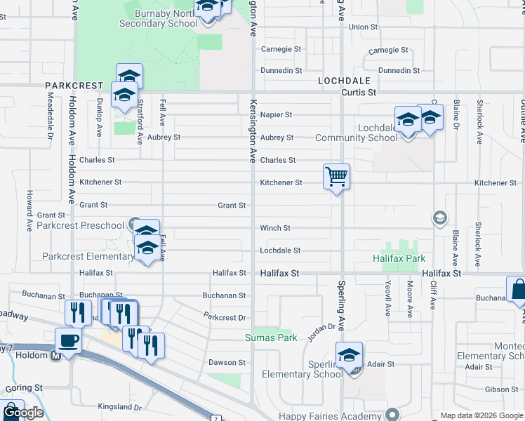 map of restaurants, bars, coffee shops, grocery stores, and more near 6512 Grant Street in Burnaby