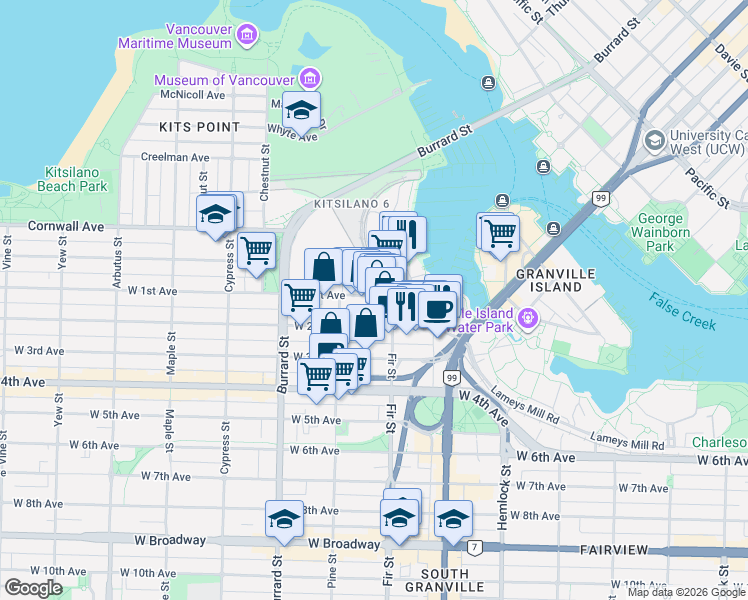 map of restaurants, bars, coffee shops, grocery stores, and more near 1628 West 1st Avenue in Vancouver