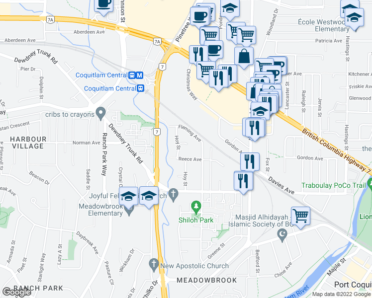 map of restaurants, bars, coffee shops, grocery stores, and more near 2954 Bouthot Court in Coquitlam