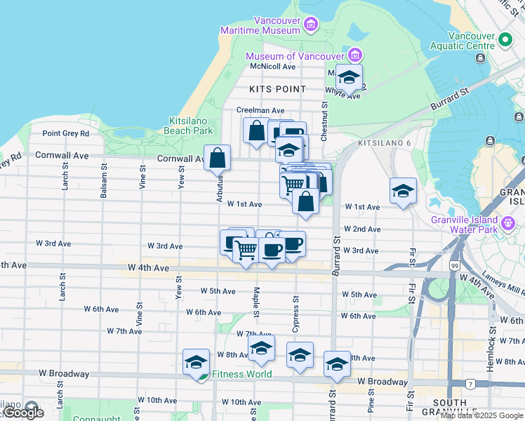 map of restaurants, bars, coffee shops, grocery stores, and more near 1712 Maple Street in Vancouver