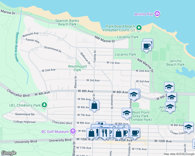 map of restaurants, bars, coffee shops, grocery stores, and more near 4583 West 3rd Avenue in Vancouver