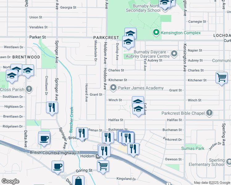 map of restaurants, bars, coffee shops, grocery stores, and more near 5790 Grant Street in Burnaby
