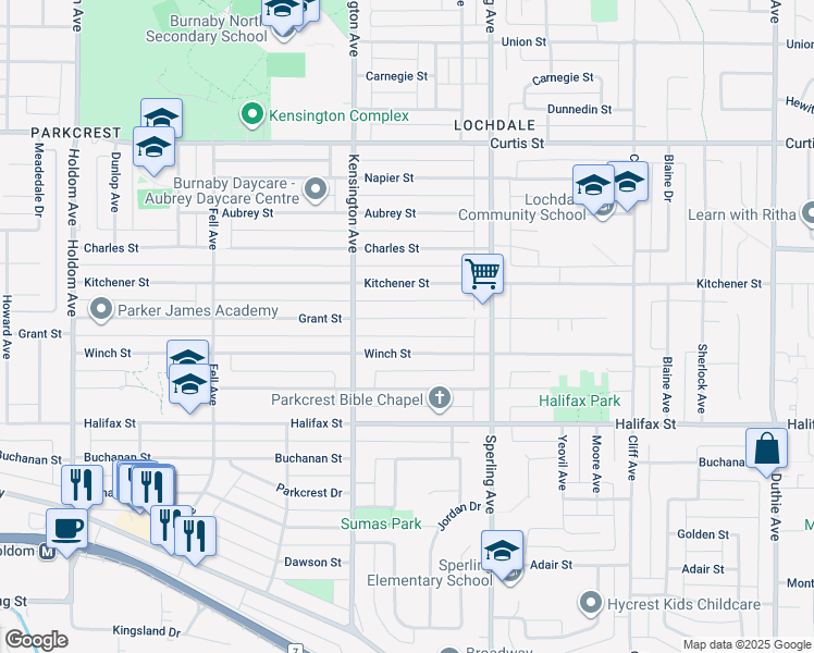 map of restaurants, bars, coffee shops, grocery stores, and more near in Burnaby
