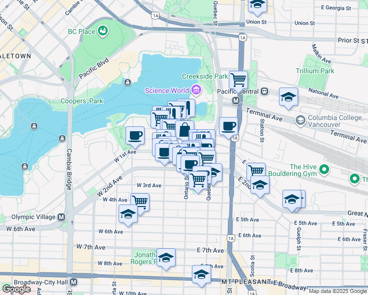 map of restaurants, bars, coffee shops, grocery stores, and more near in Vancouver