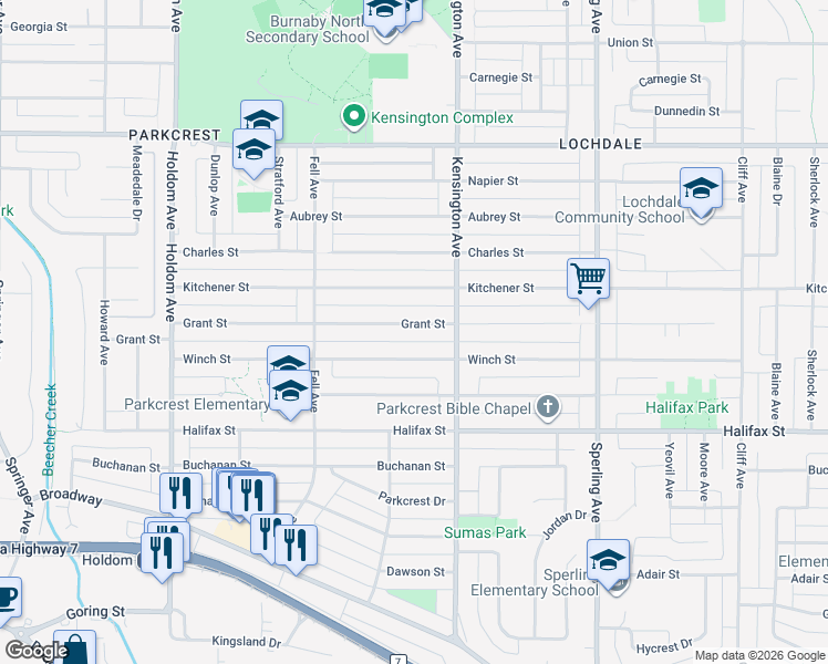 map of restaurants, bars, coffee shops, grocery stores, and more near 6390 Grant Street in Burnaby
