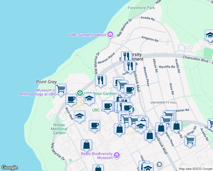 map of restaurants, bars, coffee shops, grocery stores, and more near 6080 Iona Drive in University Endowment Lands