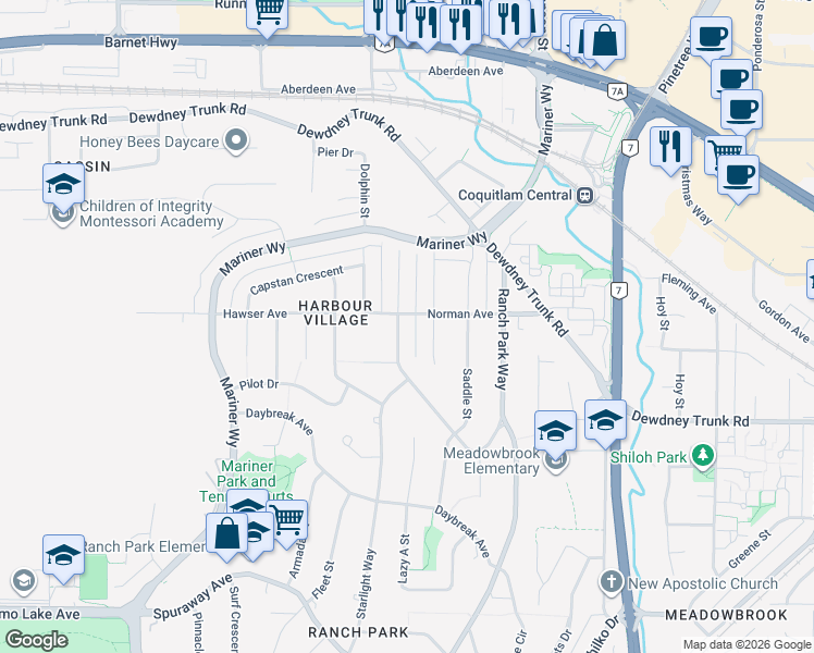 map of restaurants, bars, coffee shops, grocery stores, and more near 1011 Palmdale Street in Coquitlam