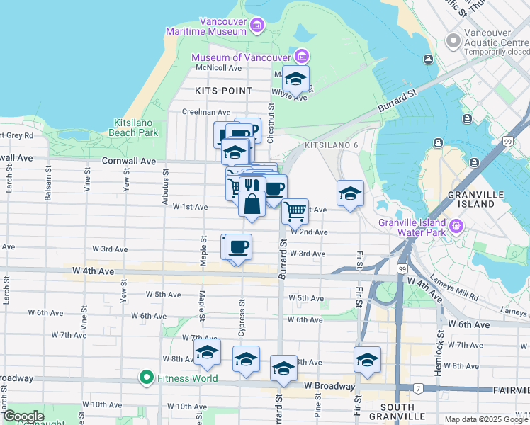 map of restaurants, bars, coffee shops, grocery stores, and more near 1846 West 1st Avenue in Vancouver
