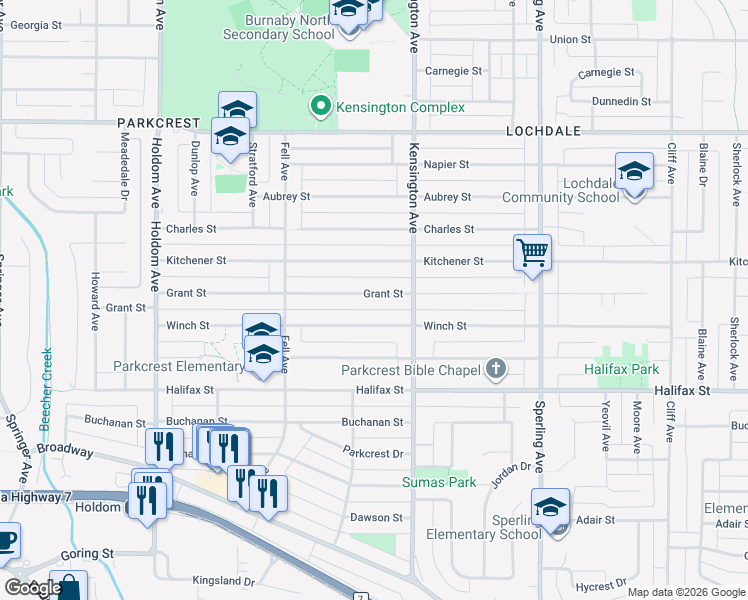 map of restaurants, bars, coffee shops, grocery stores, and more near 6388 Grant Street in Burnaby