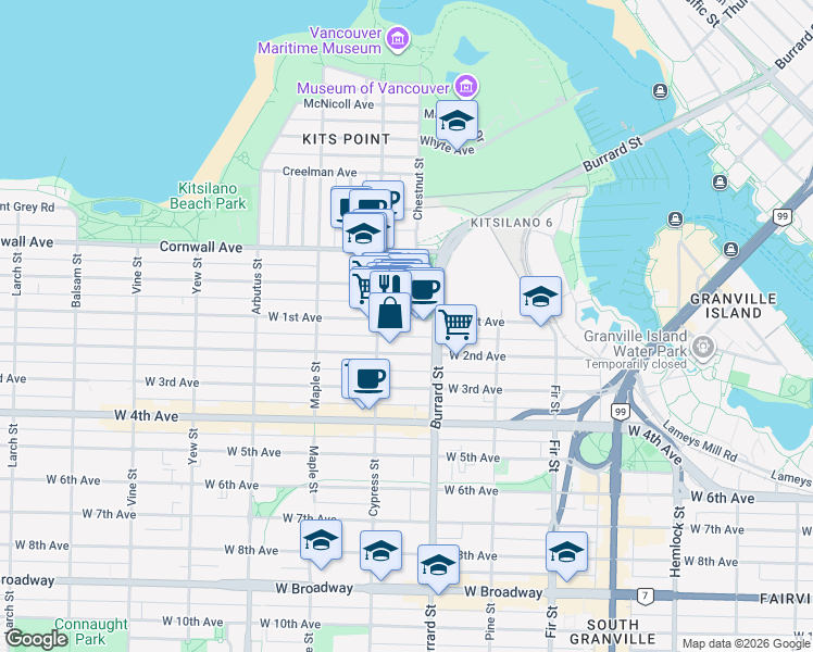map of restaurants, bars, coffee shops, grocery stores, and more near 1852 West 1st Avenue in Vancouver
