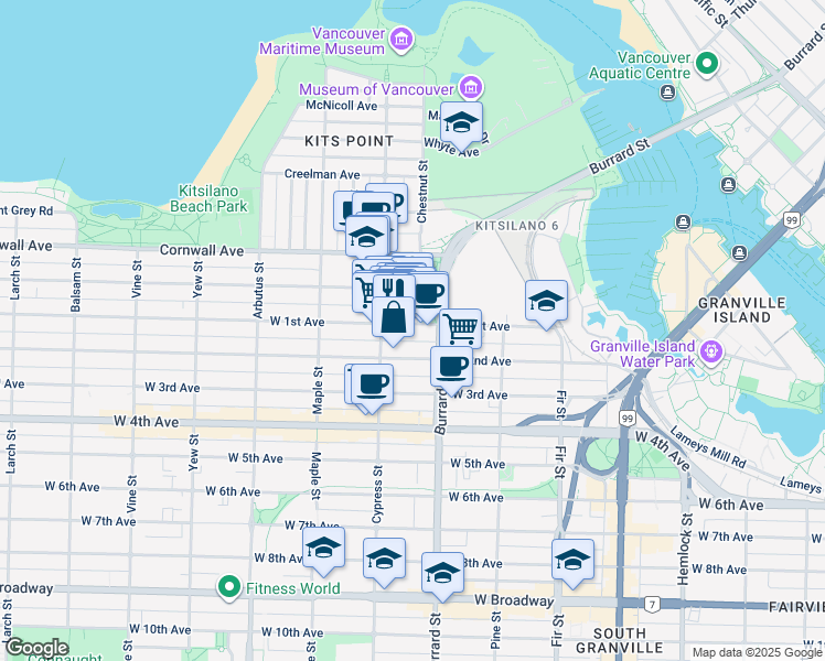 map of restaurants, bars, coffee shops, grocery stores, and more near 1848 West 1st Avenue in Vancouver