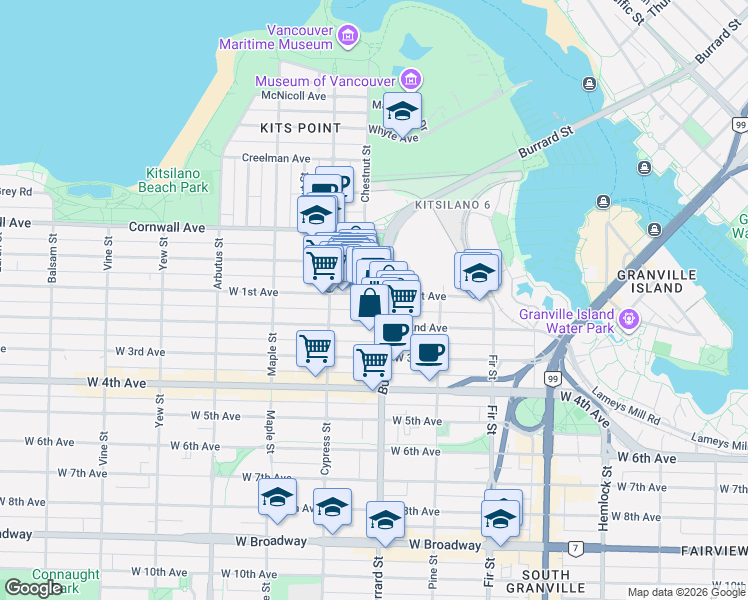 map of restaurants, bars, coffee shops, grocery stores, and more near 1808 West 1st Avenue in Vancouver