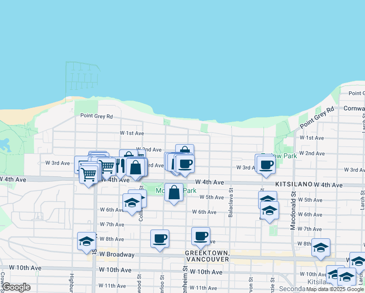 map of restaurants, bars, coffee shops, grocery stores, and more near 3323 West 2nd Avenue in Vancouver
