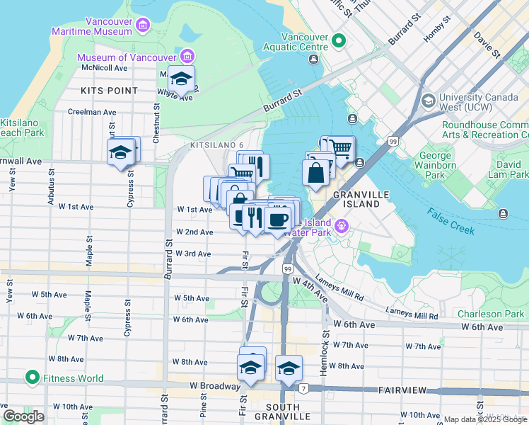 map of restaurants, bars, coffee shops, grocery stores, and more near 1565 Mariner Walk in Vancouver