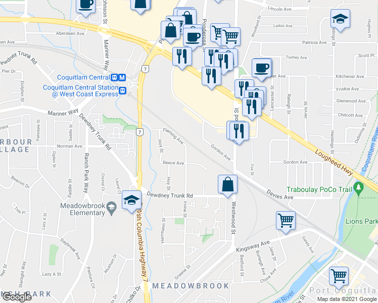 map of restaurants, bars, coffee shops, grocery stores, and more near 1013 Irvine Street in Coquitlam