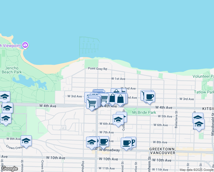 map of restaurants, bars, coffee shops, grocery stores, and more near 3623 West 2nd Avenue in Vancouver