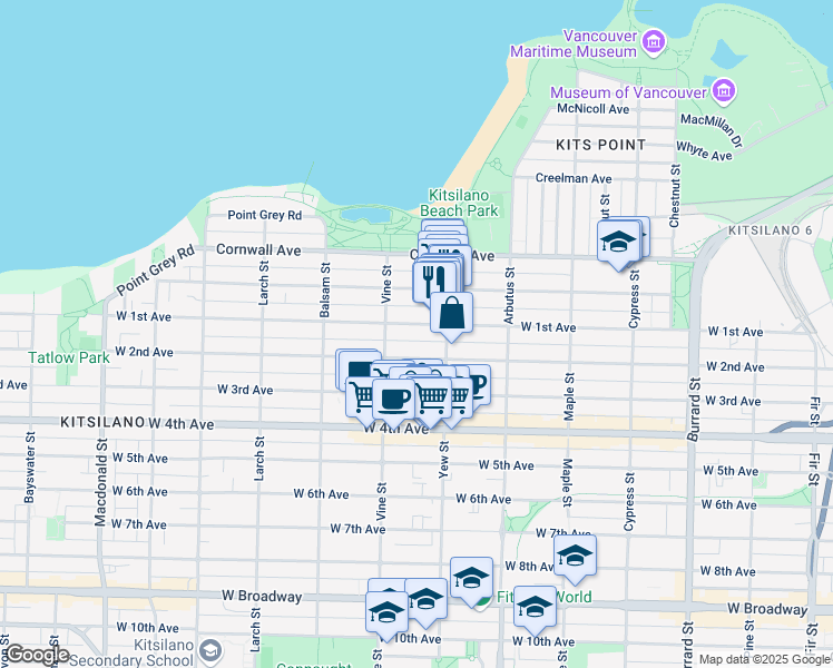 map of restaurants, bars, coffee shops, grocery stores, and more near 2234 West 1st Avenue in Vancouver