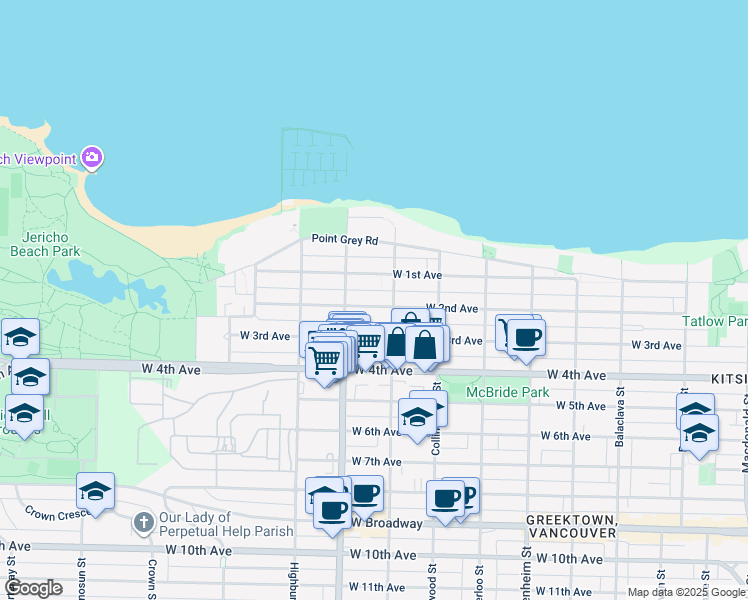 map of restaurants, bars, coffee shops, grocery stores, and more near 3635 West 2nd Avenue in Vancouver