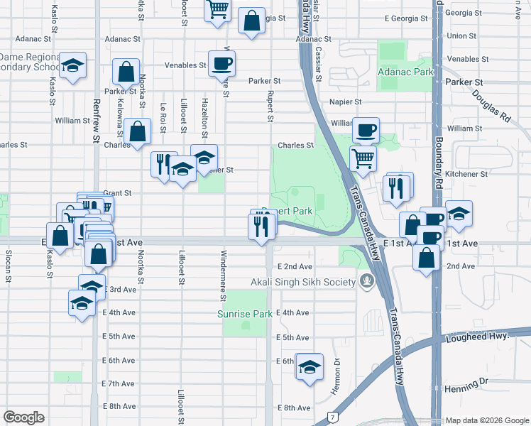 map of restaurants, bars, coffee shops, grocery stores, and more near 3277 Graveley Street in Vancouver