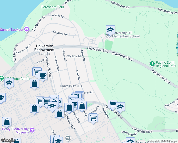 map of restaurants, bars, coffee shops, grocery stores, and more near 1844 Acadia Road in Vancouver
