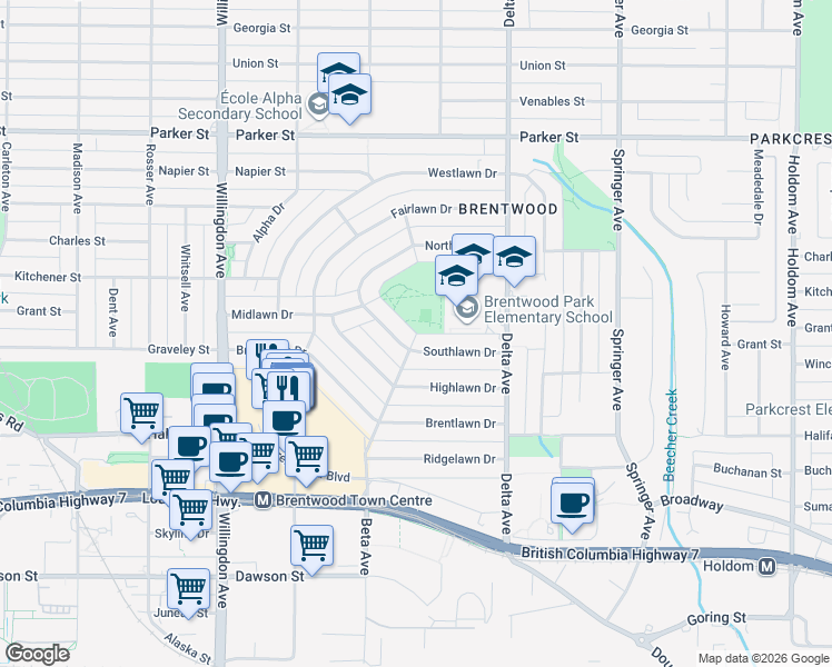 map of restaurants, bars, coffee shops, grocery stores, and more near Beta Avenue in Burnaby