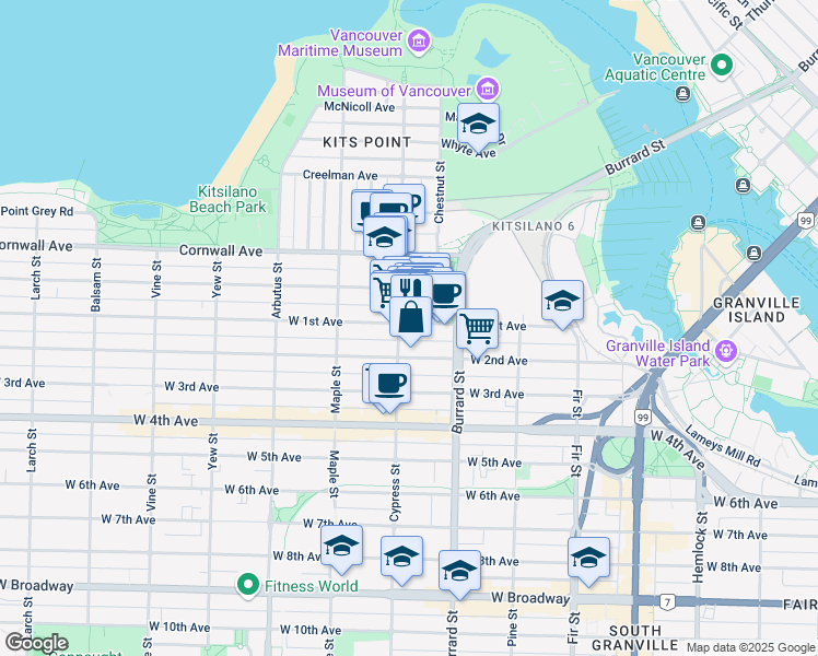 map of restaurants, bars, coffee shops, grocery stores, and more near 1888 West 1st Avenue in Vancouver