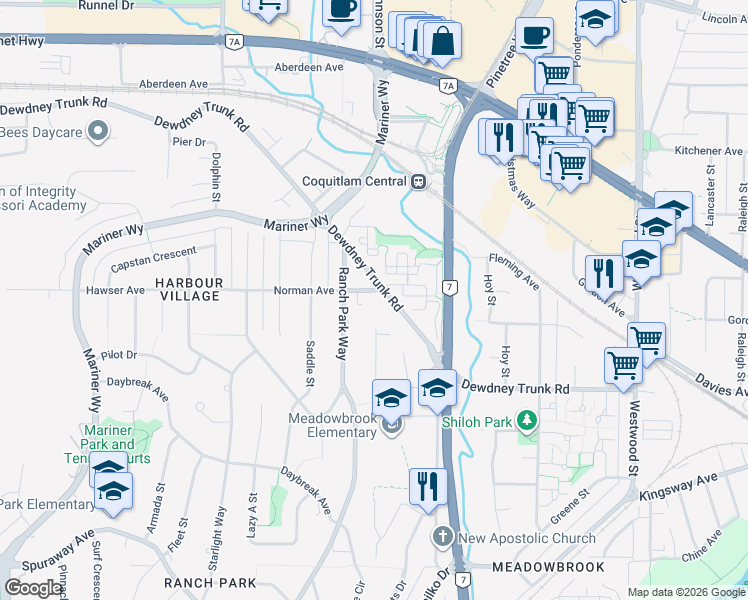 map of restaurants, bars, coffee shops, grocery stores, and more near 2886 Norman Avenue in Coquitlam