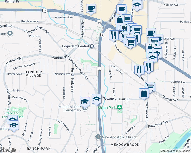 map of restaurants, bars, coffee shops, grocery stores, and more near 2915 Norman Avenue in Coquitlam