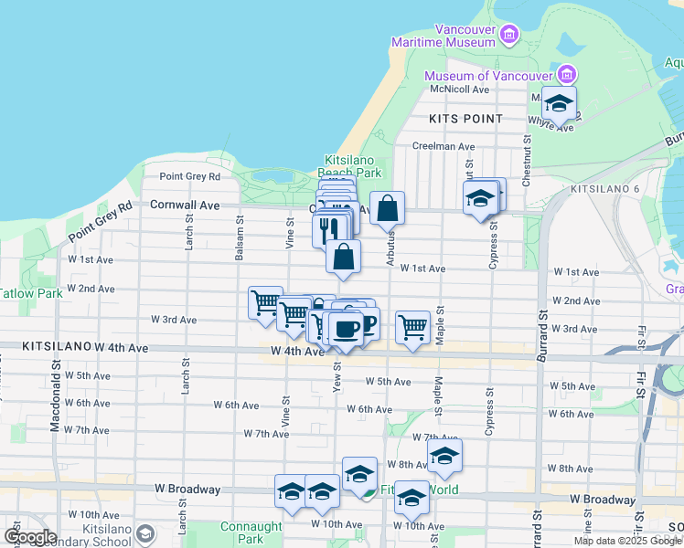 map of restaurants, bars, coffee shops, grocery stores, and more near 403-2170 West 1st Avenue in Vancouver