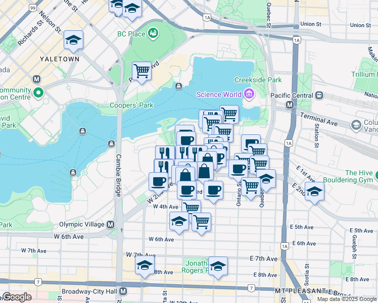 map of restaurants, bars, coffee shops, grocery stores, and more near 181 West 1st Avenue in Vancouver
