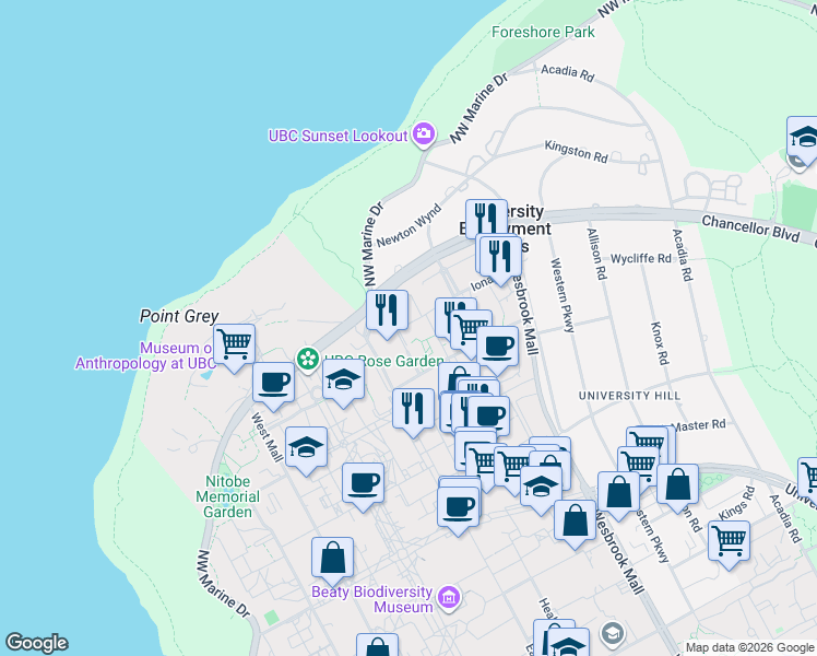 map of restaurants, bars, coffee shops, grocery stores, and more near 6080 Iona Drive in University Endowment Lands