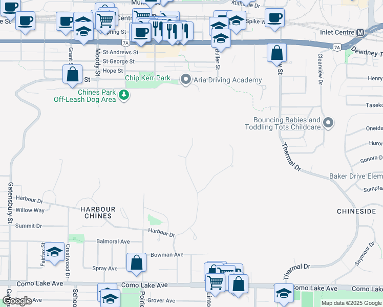 map of restaurants, bars, coffee shops, grocery stores, and more near 1850 Harbour Drive in Coquitlam