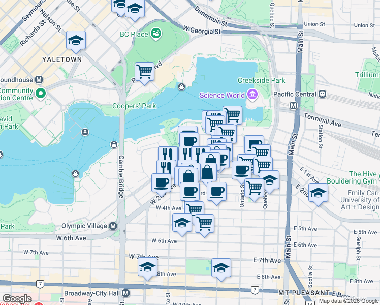map of restaurants, bars, coffee shops, grocery stores, and more near 181 West 1st Avenue in Vancouver