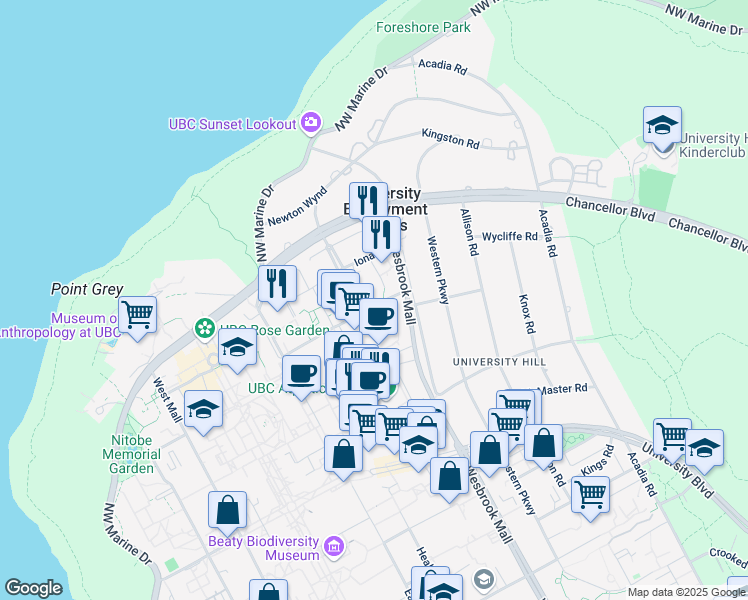 map of restaurants, bars, coffee shops, grocery stores, and more near 5987 Walter Gage Road in Vancouver